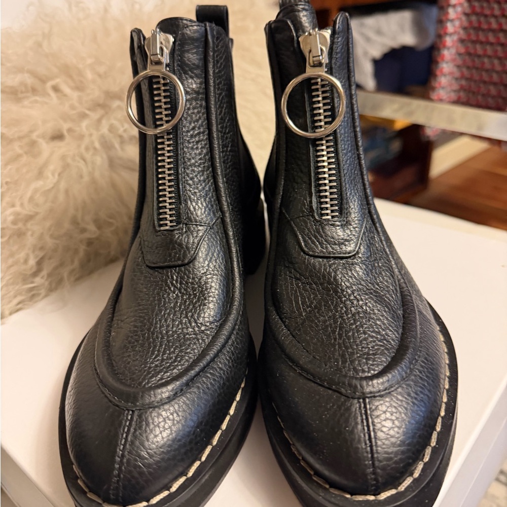 Carven Black Leather Front-Zip Ring-Pull Ankle Booties